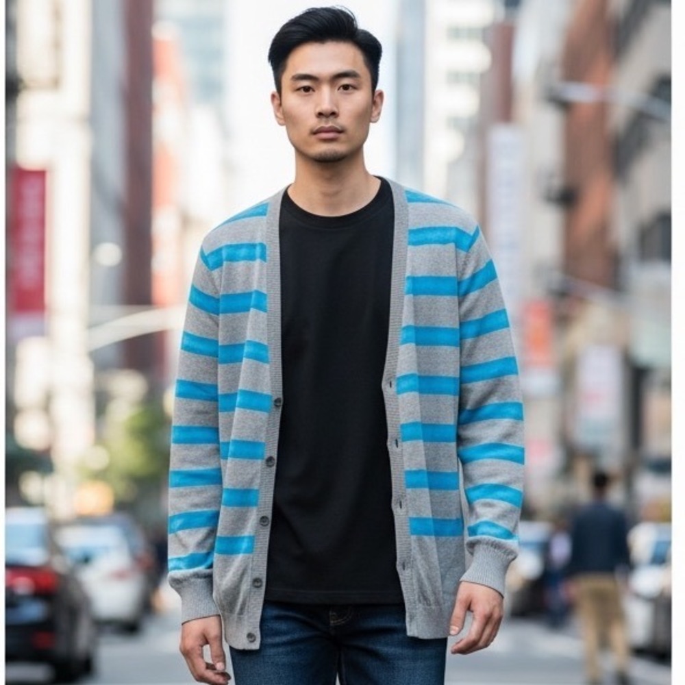 Diesel Mens Striped V-Neck Cotton Cardigan Sweater Grey Blue Size S RN93243